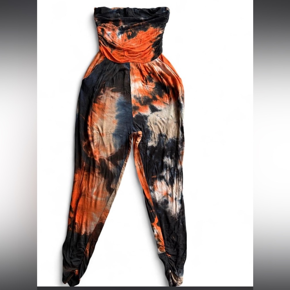 Heart Hips Strapless Tie-Dye Jumpsuit in Orange and Black